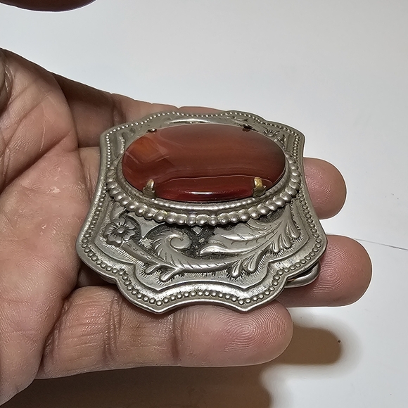 Vintage Western Embossed Belt Buckle Cabochon Orange Agate Scroll Design Unisex - Picture 3 of 9